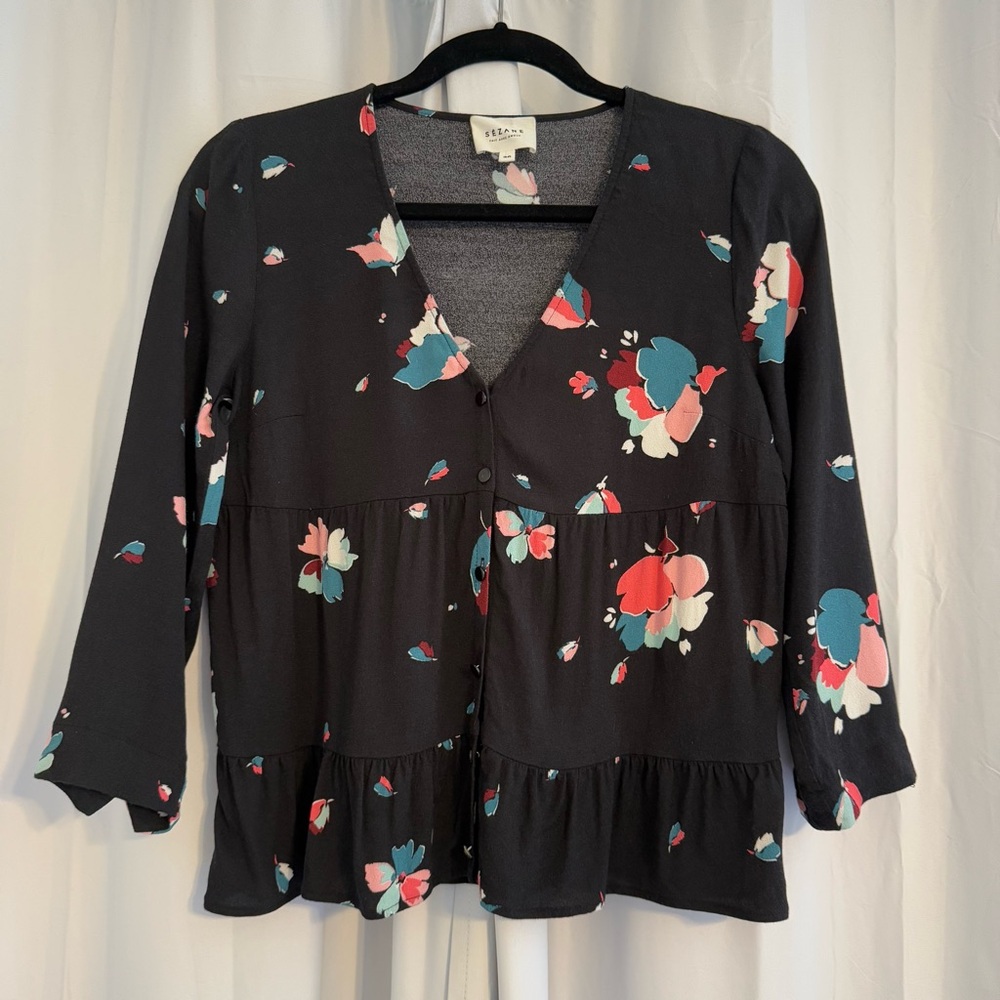 Sézane Floral Peplum Blouse Black Multicolor Womens Size Small 36 EU
